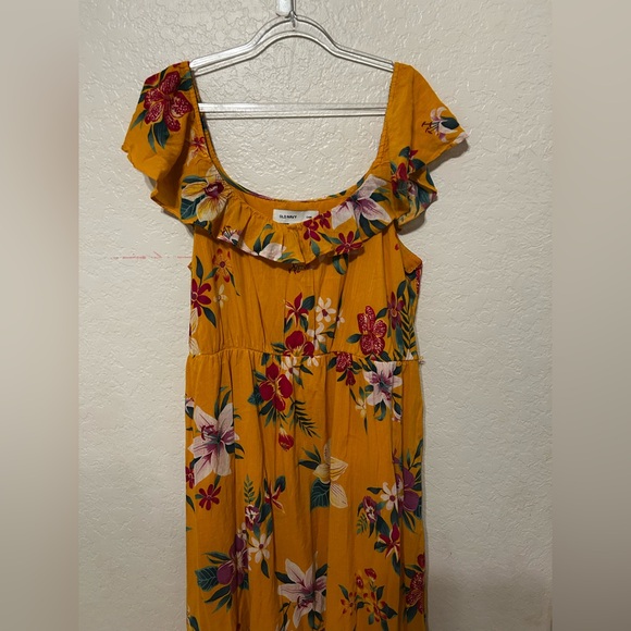 🎮Old Navy ruffle scoop neck Hawaiian Yellow Floral Dress size XL GUC - Picture 4 of 14